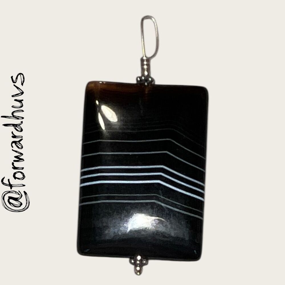 Rectangular Black Stone Pendant White Banding Pol… - image 1